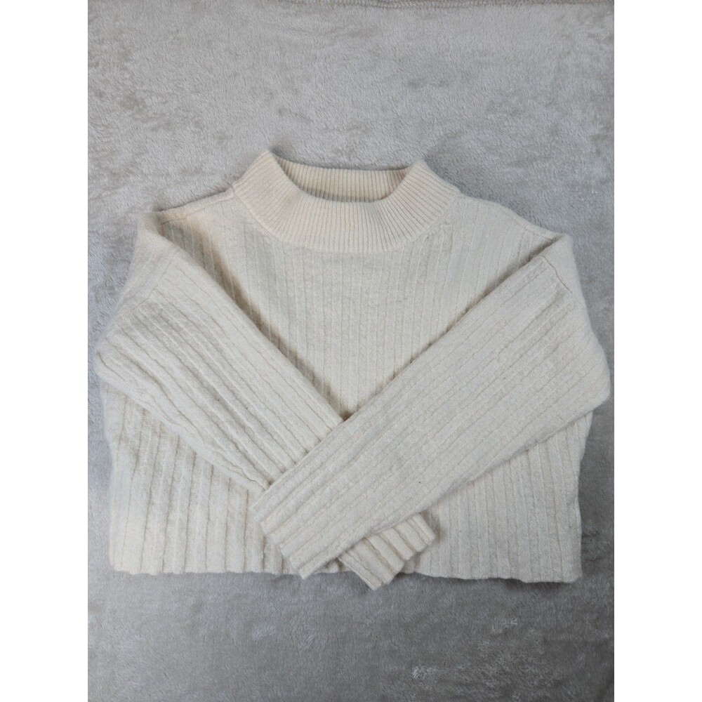 Madewell Cropped Ribbed Sweater Wool Blend Cream Mock Neck Size M